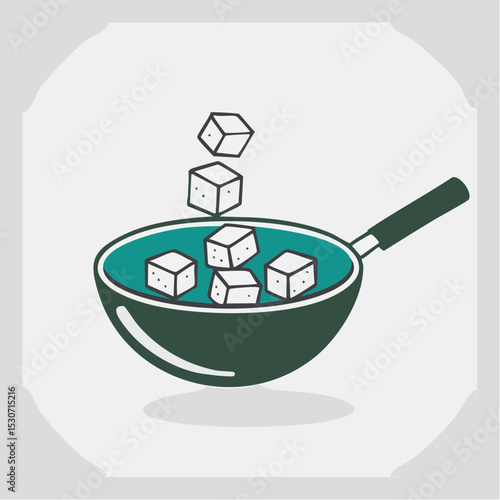 Cartoon Illustration of Stir-Frying Tofu Cubes with Peas in Wok Pan

