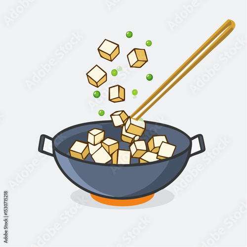 Cartoon Illustration of Stir-Frying Tofu Cubes with Peas in Wok Pan

