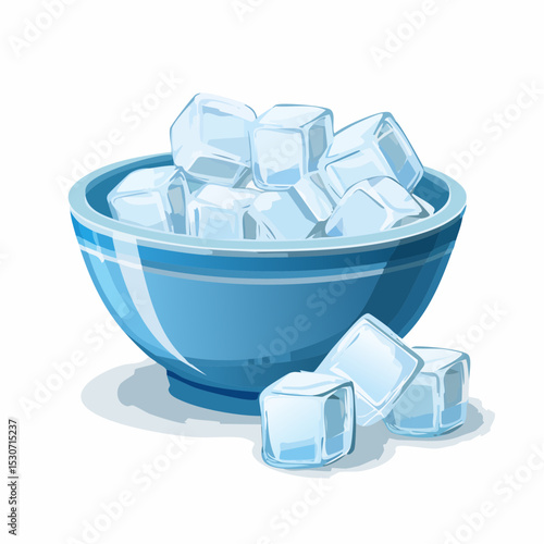 A blue bowl filled with ice cubes, with additional cubes beside it.