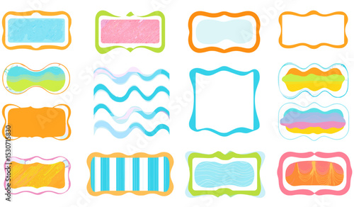 Wavy frame borders, scallop shape line picture frames, colorful wave rectangle backgrounds, kid graphic wiggly backgrounds, groovy squiggly zigzag text frame collection, vector illustration.