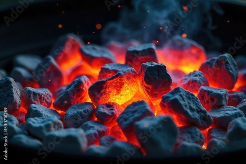 Close-up shot of glowing charcoal embers in a barbecue grill, radiating intense heat perfect for grilling The hot coals are surrounded by ash, ready for cooking , patio, red, gastronomy