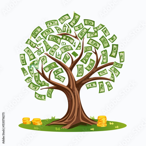 Illustration of a money tree with dollar bills as leaves and gold coins at its base, symbolizing financial growth.
