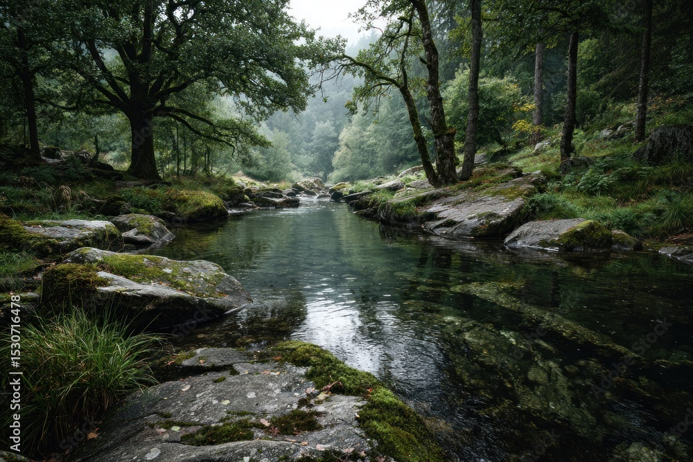 Calm waters reflect the trees and rocks in a peaceful forest setting, creating a tranquil atmosphere in the early morning mist Calm waters reflect the trees and rocks in a peaceful forest setting, creating a tranquil atmosphere in the early morning mist