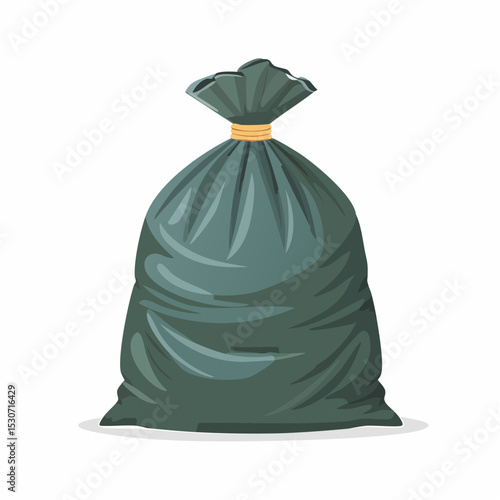 A full dark-green garbage bag tied with twine, ready for disposal.