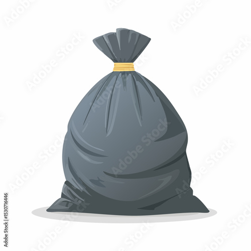A full, dark grey garbage bag tied with a yellow band sits on a white background.