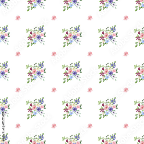 Seamless floral pattern minimalist repeating background with watercolor flower and leaf bouquets. Fabric wallpaper print texture. Perfectly for backdrop, wrapped paper.