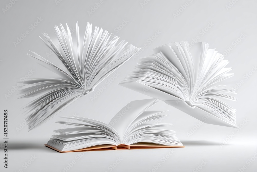 Fototapeta premium Three open books with flying pages showcase an artistic representation of literature in a minimalist setting against a light background