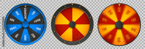 Set of vector casino spinning wheels with colorful segments, jackpot slots, and motion effects on transparent background. For gambling designs, games, rewards, and lucky spins. Blue, red and yellow
