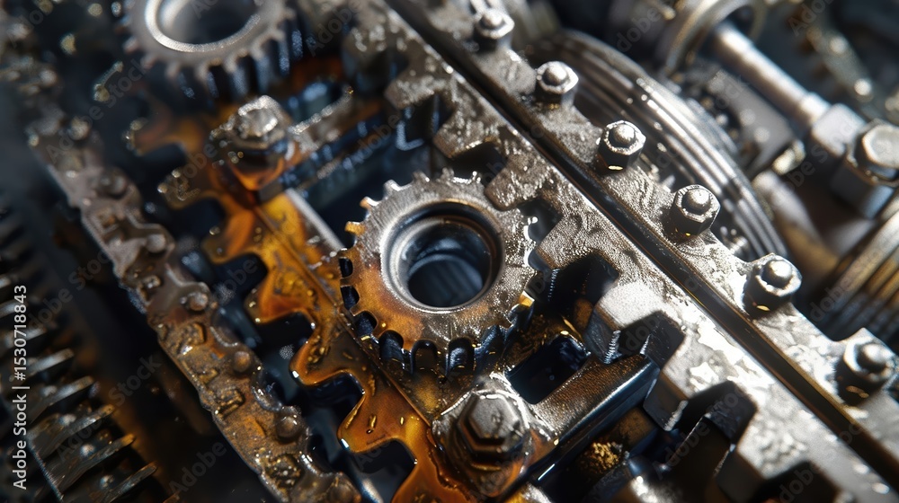 Fototapeta premium A close-up of a complex, oily machine with interlocking metal gears and cogs.