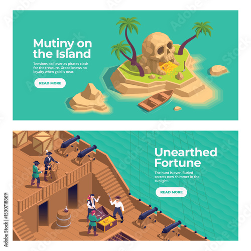 Pirate Isometric Video Game Horizontal Banners Set
