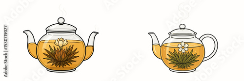 Different types of herbal tea brewing in glass teapots with flowers and leaves on display