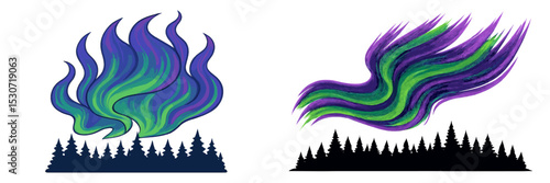 Colorful abstract representation of northern lights illuminating a forest landscape during twilight