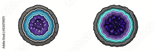 Illustration of two geode cross-sections in vibrant colors with crystalline structures showcasing geological beauty and symmetry
