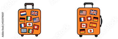 Colorful travel suitcases adorned with various international flags reflecting a passion for global exploration