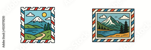 Scenic mountain landscape with a lake surrounded by trees and a clear sky in a colorful stamp design