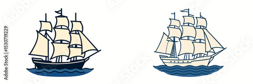 Various vintage sailing ships illustrated on a light background showcasing nautical design elements and maritime heritage