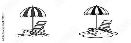 Beach loungers under shaded umbrellas on sandy shores in a sunny coastal location