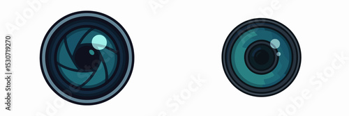 Close-up view of two camera lenses showcasing intricate details and design features in a creative visual composition