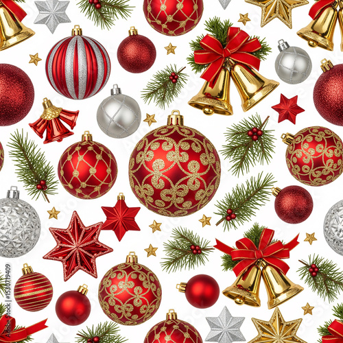 Christmas decorations, including ornaments, bells, and stars,