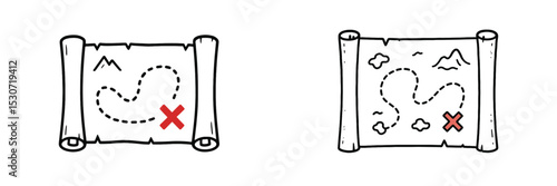 Treasure maps depicting routes leading to hidden locations with marked spots and natural features