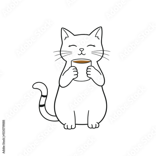 Simple line art drawing of a kitty enjoying a warm coffee mug minimalist vector icon or logo for a cafe pet shop or coloring book page