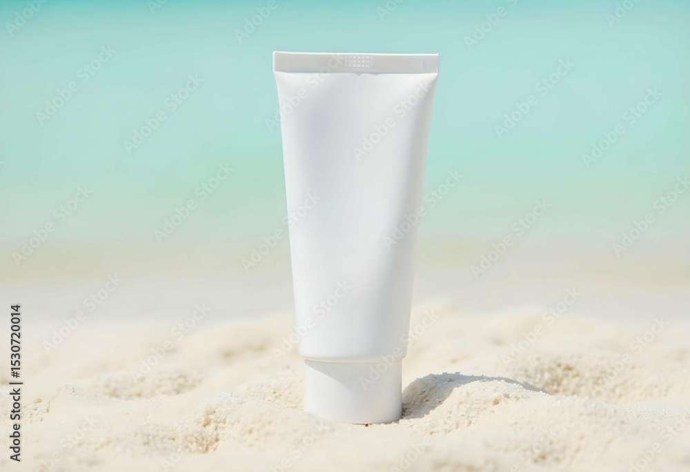 White cosmetic tube standing on sand with tropical beach in background White cosmetic tube standing on sand with tropical beach in background