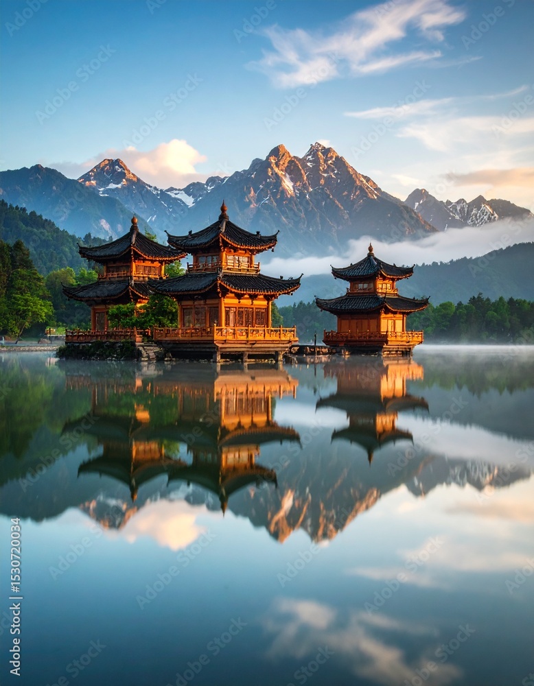 Fototapeta premium Serene Reflection of Traditional Pagodas in Nature