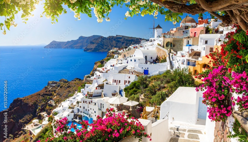 Fototapeta premium Coastal View of Santorini with Colorful Flowers