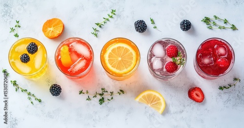 Overhead view of colorful refreshing drinks with fruit and ice on a white surface.