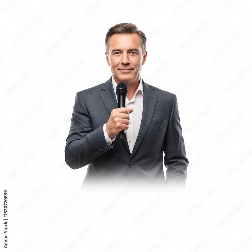 A smiling man in a gray suit holding a microphone, creating the image of a presenter or speaker, A smiling man in a gray suit holding a microphone, creating the image of a presenter or speaker,