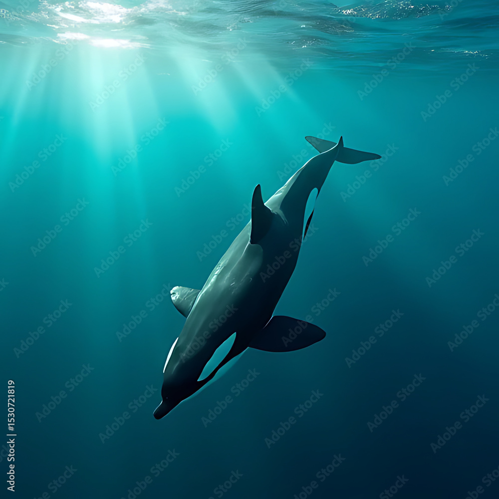 Fototapeta premium Ultra realistic aerial view of orca whales swimming peacefully in shallow turquoise waters with sunlight beams penetrating the surface