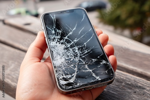 Phone screen cracked with additional damage to its screen protector, emphasizing the depth of the damage.