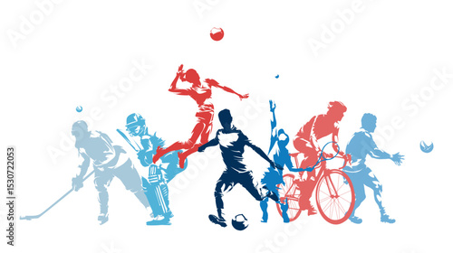 Sports, group of sports athletes. Set of active people, players, isolated vector silhouettes, hockey, cricket, volleyball, soccer, tennis, cycling, rugby. Men and women