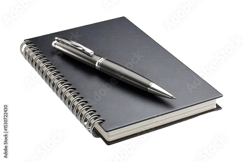 Elegant composition showcasing a pen resting on a sleek, black, spiral-bound notebook