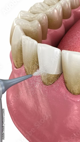 Oral hygiene: Air flow teeth cleaning process. Dental 3D animation