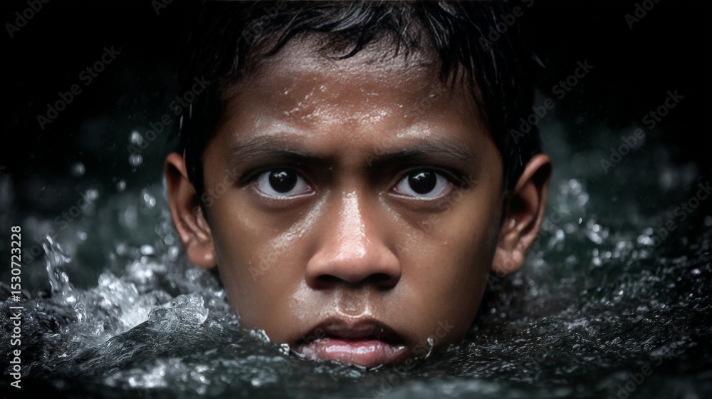 Fototapeta premium Intense close-up of a young boy's face emerging from water with a serious expression