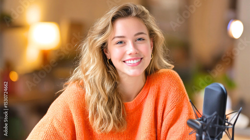 Joyful content creator engaged in creative expression in a cozy digital workspace during daylight hours