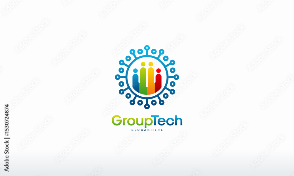 Fototapeta premium Colorful design featuring a group of stylized people within a circular network pattern.