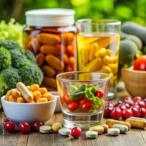 Healthy lifestyle with supplements and fruits