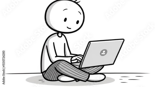 Black And White Stick Figure Using Laptop Computer