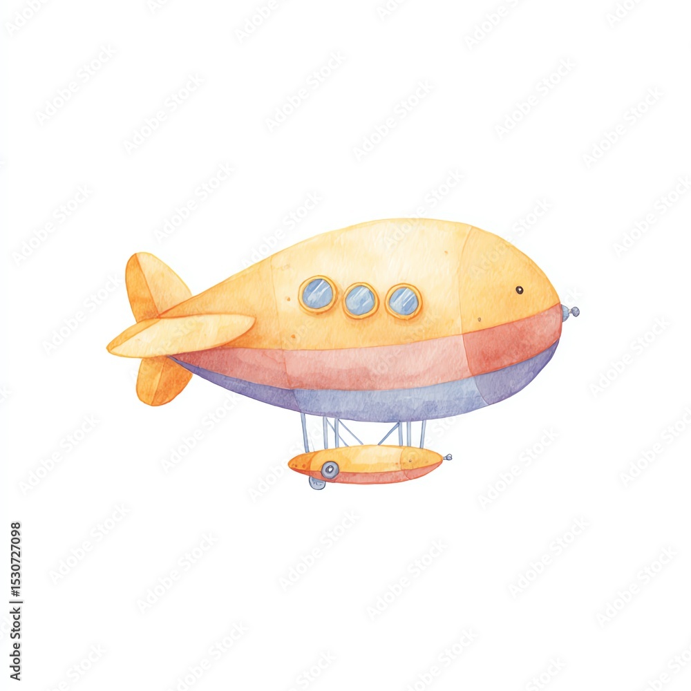 Obraz premium Charming Watercolor Airship Soaring Through the Sky, A Whimsical Flight of Fancy
