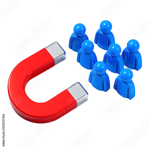 Red magnet attracting blue people figures isolated on transparent background