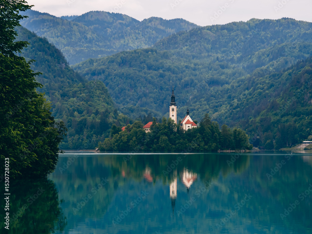 Fototapeta premium Lake Bled, Slovenia. Church on Bled Island