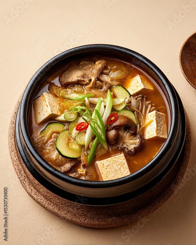 Korean Doenjang-jjigae – Traditional Soybean Paste Stew with Tofu, Vegetables and Mushrooms