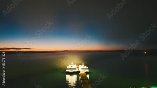 Illuminated Ferry Dock at Night Over Calm Dark Water
