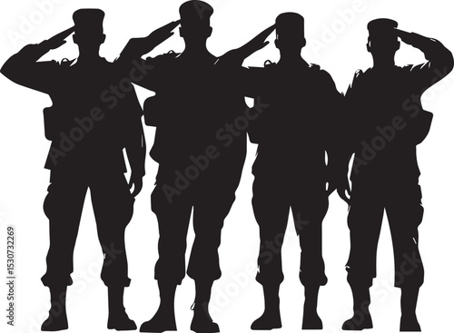 Silhouette of four soldiers saluting, symbolizing respect, military service, and patriotism, perfect for honoring veterans, national holidays, and army-themed designs