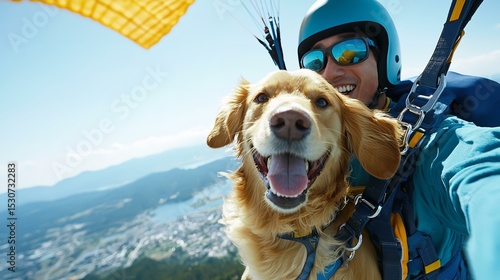 Golden Retrievers skydiving with paraglider over mountains
