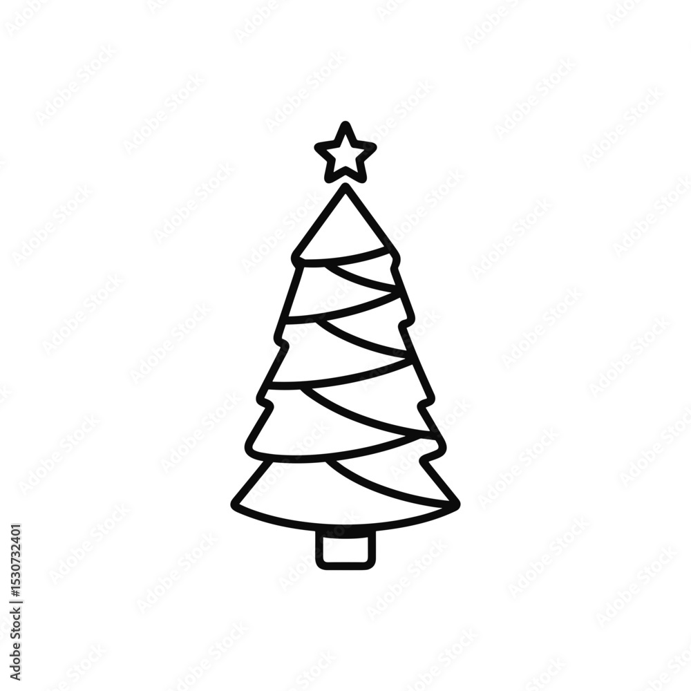 Fototapeta premium Simple Christmas tree icon in a minimalist black line design on a white background