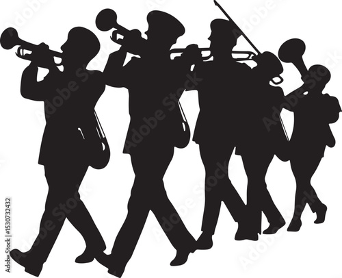 Silhouette of a marching band with musicians playing trumpets, perfect for celebration, parade, music, and event-themed designs, symbolizing unity and performance