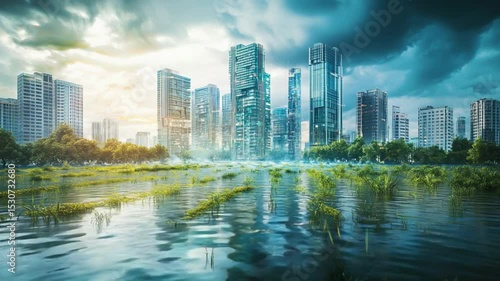 Futuristic Flooded City with Modern Skyscrapers and Overgrown Vegetation

